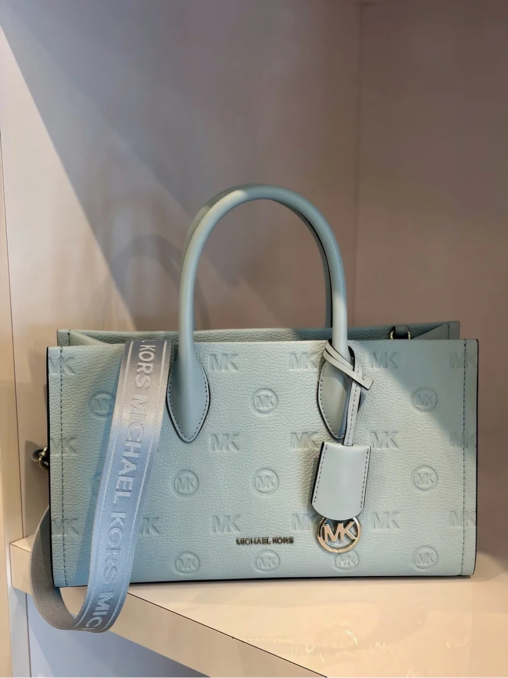 Michael Kors Light Blue Embossed MK Satchel with Detachable Strap